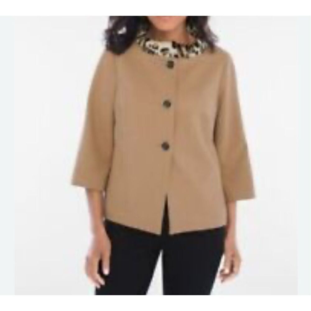 Chicos Jacket Tan Brown Faux Fur Collar Buttons 3/4 Sleeves Sz 2 or large